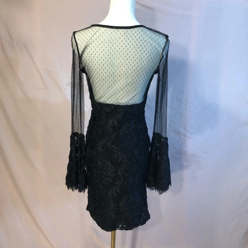 Prom Y2K Formal Black Bell Sleeve Floral Lace Gold Accents Formal Size Small Med - Picture 10 of 17
